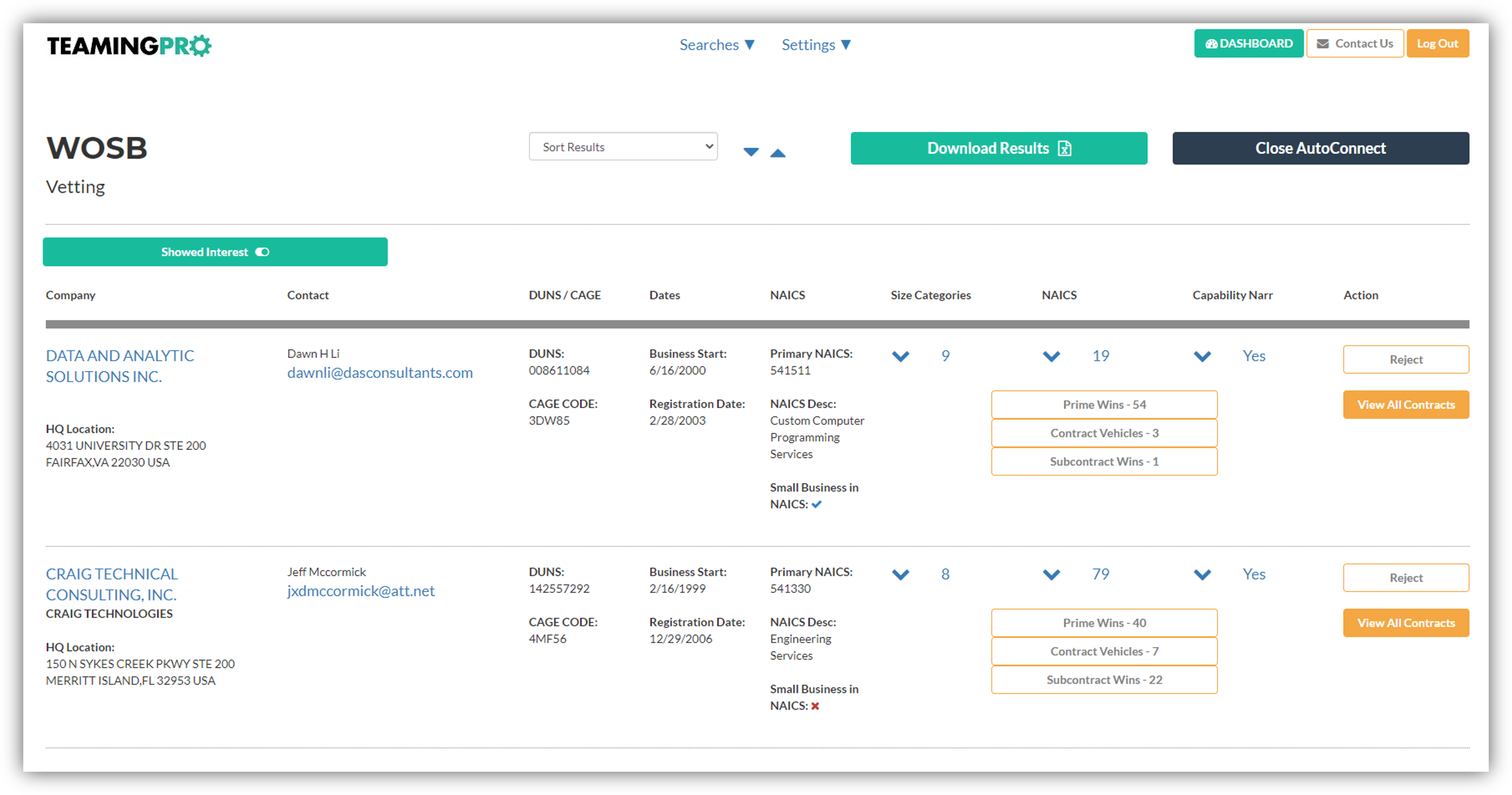 Responding companies will populate your AutoConnect dashboard. From here, you can vet each company through their past performance, government contracts and more before any next steps are taken. 